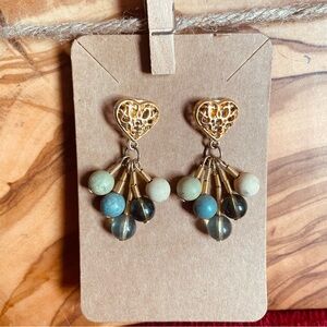 Gold Filagree Heart Earrings with Blue and Cream Beads